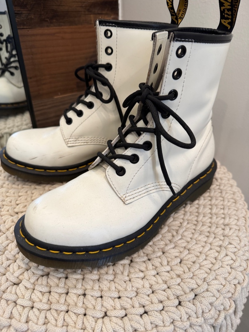 Dr. Martens White Leather Lace-Up Boots with Black Trim